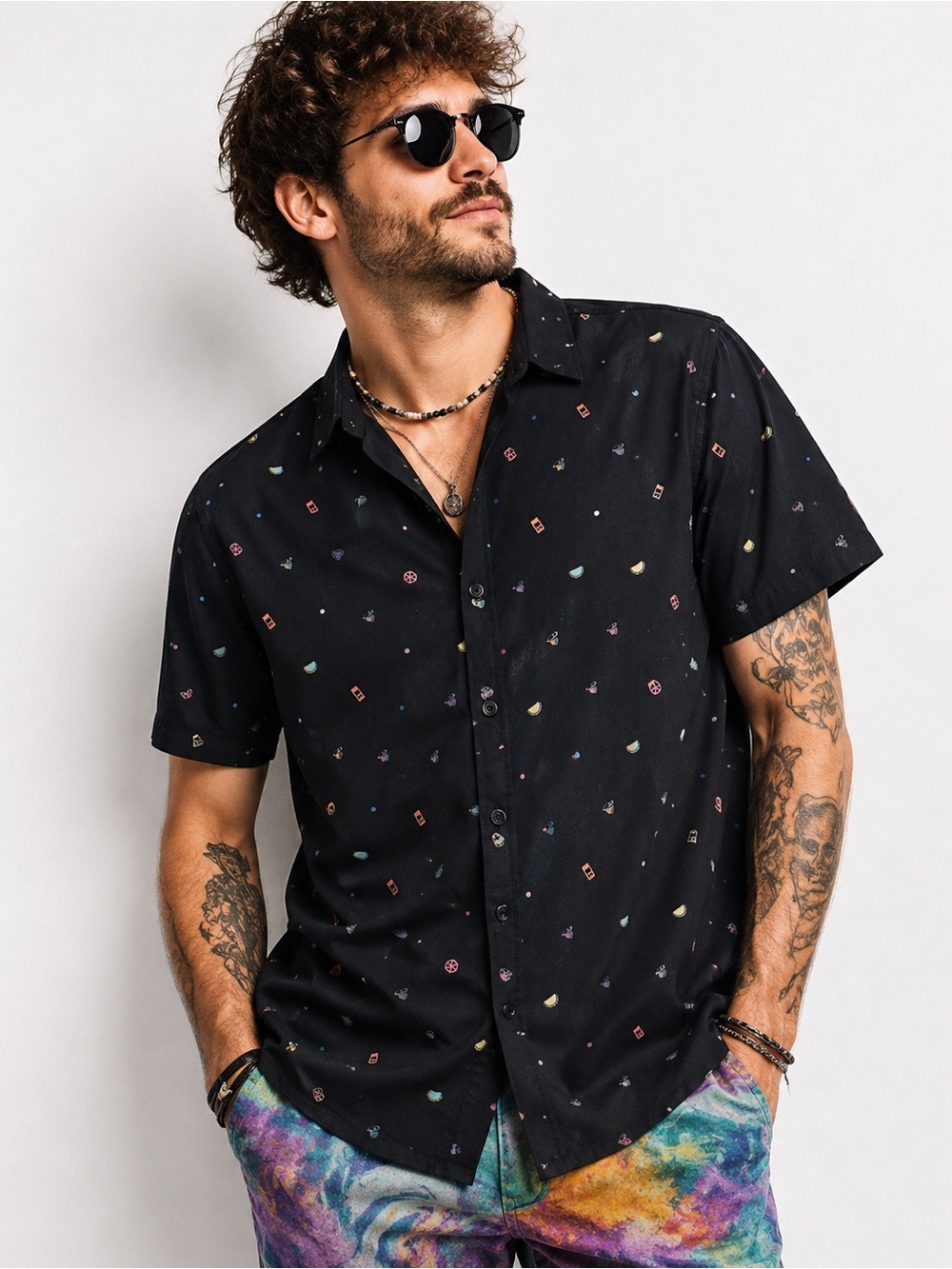 Taco Bell All-Over Print Button-Up Shirt Men’s Large Black Short Sleeve Casual